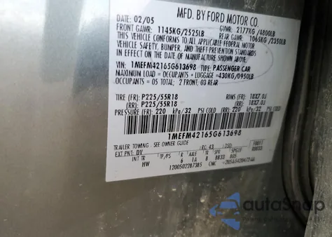 2005 Mercury Montego Premier from USA, damaged, VIN 1MEFM42165G613698